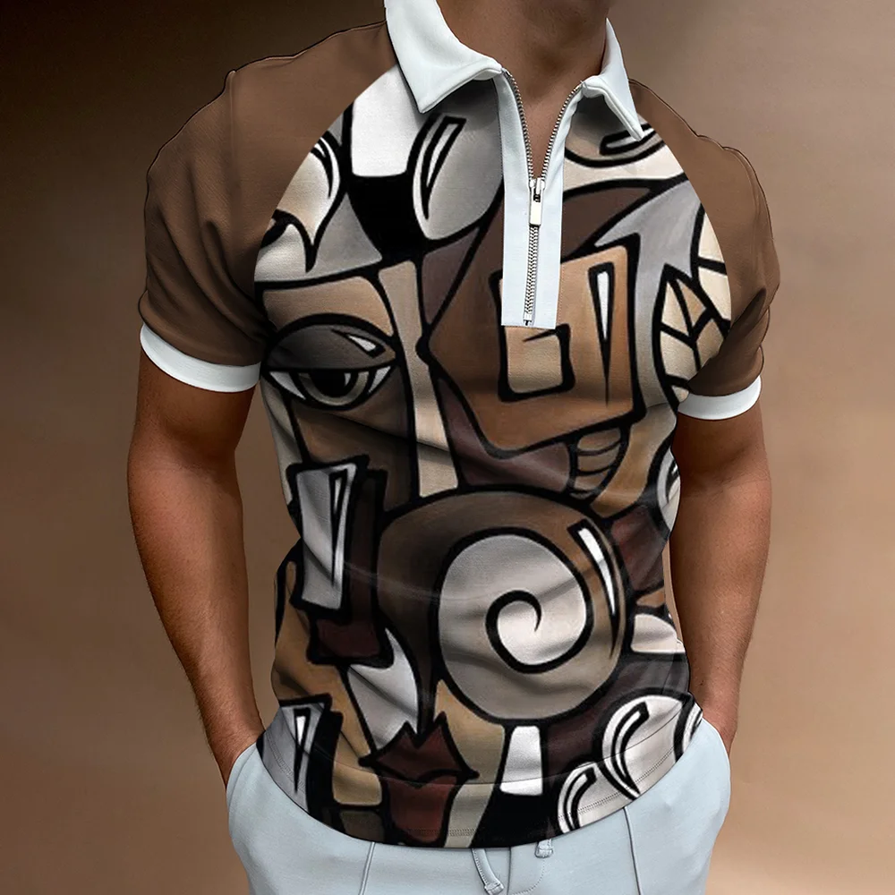 Men's Casual Abstract Pattern Print Short Sleeve Zipper Polo Shirt、、URBENIE