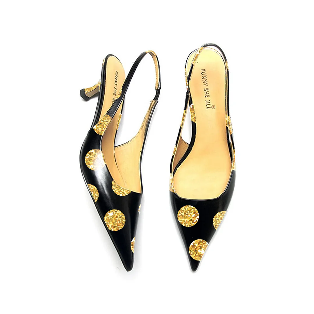 Black Pointed Toe Gold Polka Dot Print Kitten Heel Slingback Pumps Nicepairs