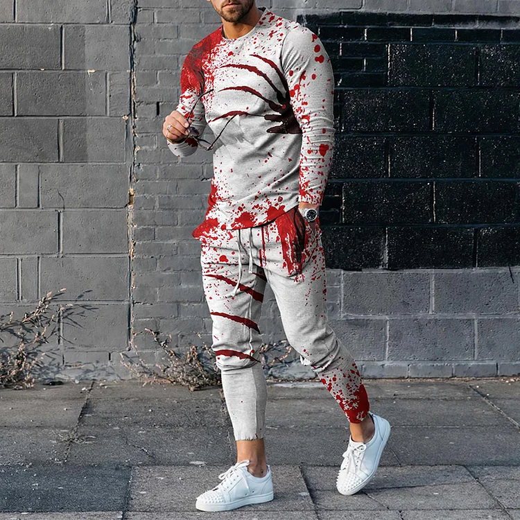 Broswear Men's Halloween Blood Stain Printed Long Sleeve T-Shirt And Pants Co-Ord