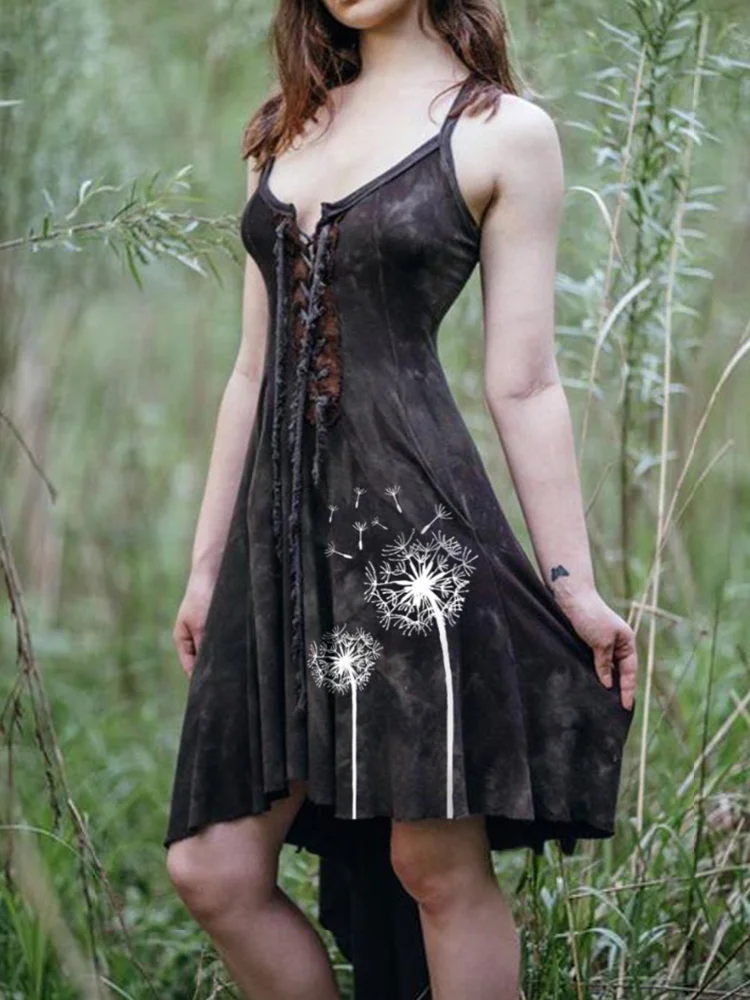 Dandelion Print Lace Up Tie Dye Mini Dress