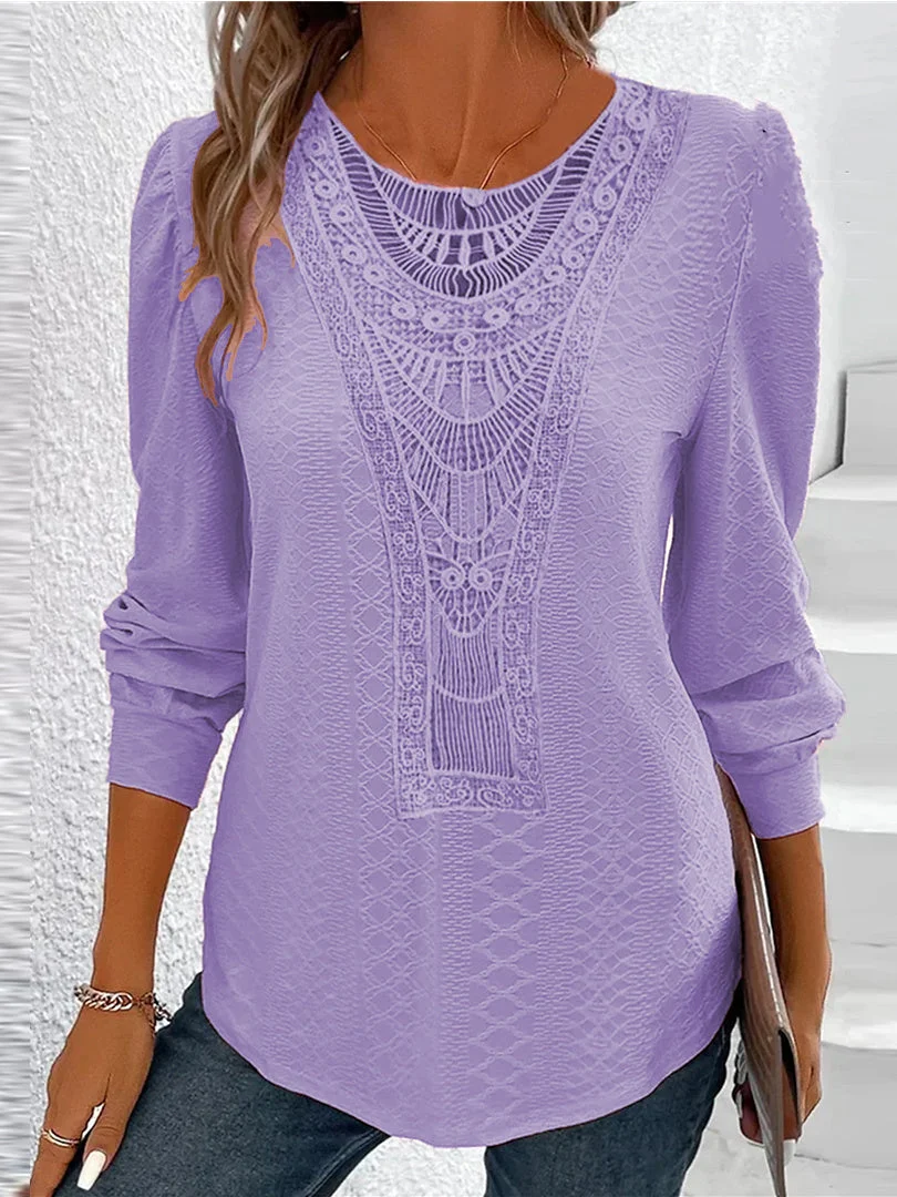 Women Long Sleeve Scoop Neck Solid Lace Tops