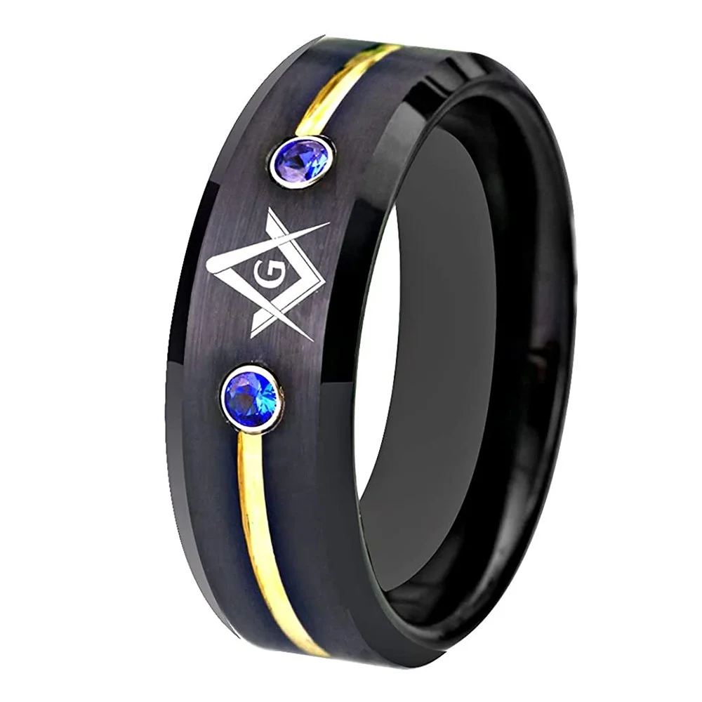 Masonic Compass Tungsten Carbide Rings With Gold Red Groove And Blue Cubic Zirconia Inlay Men's Wedding Bands