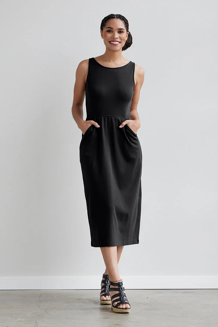 Women's 100% Organic Cotton Sleeveless Midi Dress with Pockets