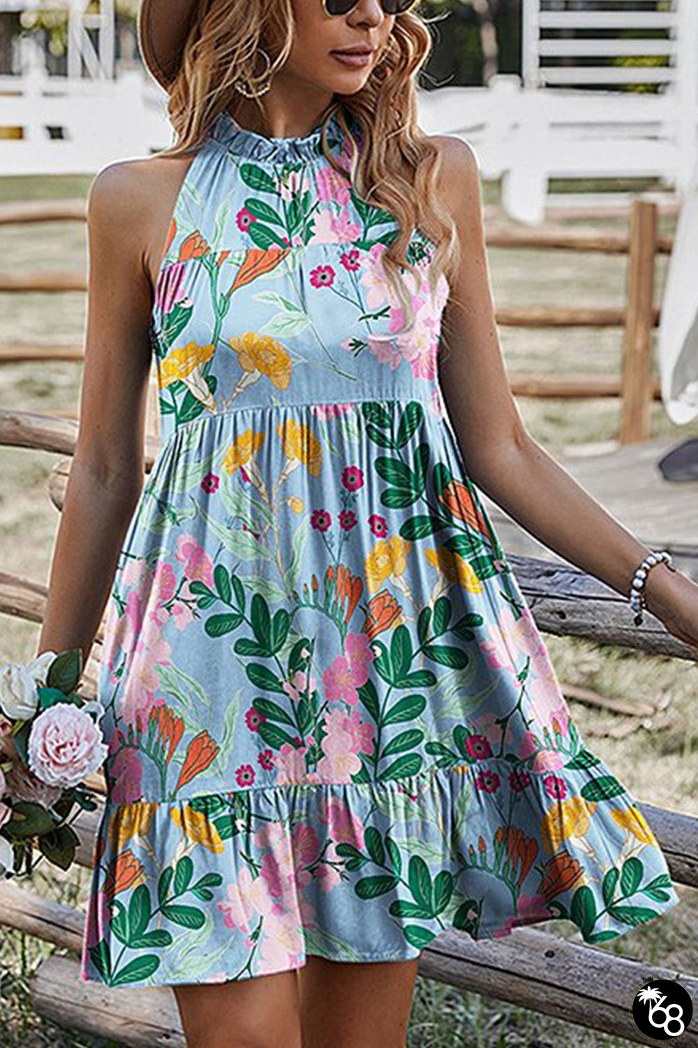 Floral Print Ruffled Lace-up Mock Neck Mini Dress | 168DEAL