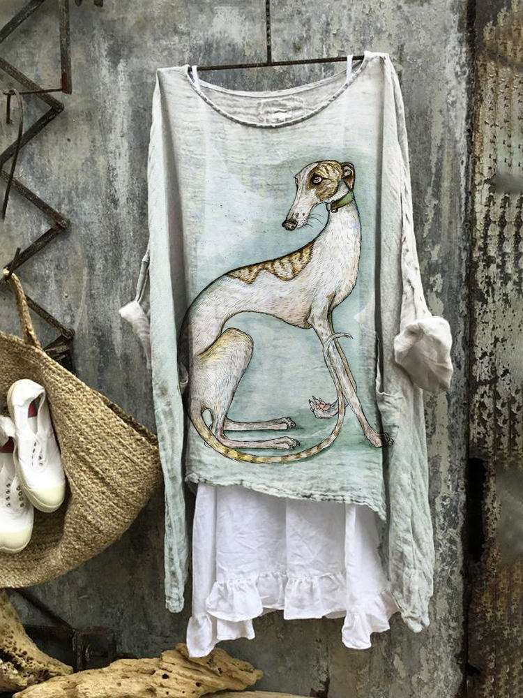 Watercolor Greyhound Dog Pattern Linen Loose Long Shirt