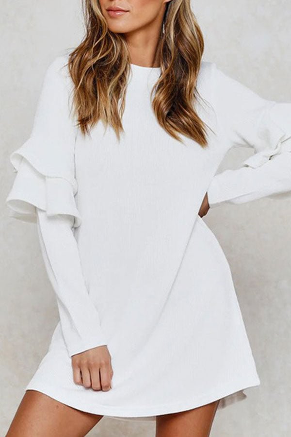 White Round Neck Ruffle Sleeve Dress - Chicaggo