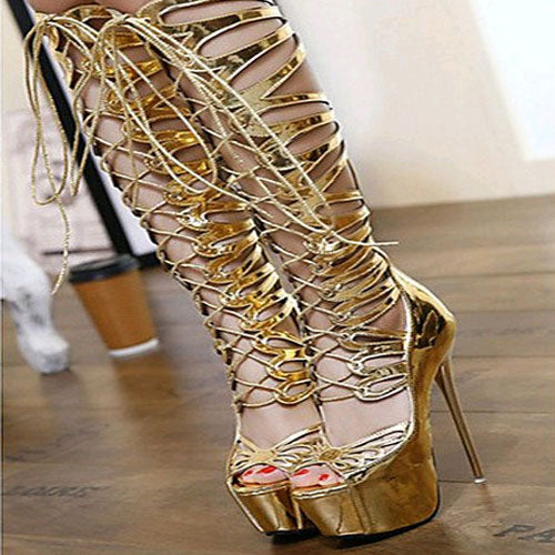 VCSHOES Platform Peep Toe Lace Up Boot Sandals
