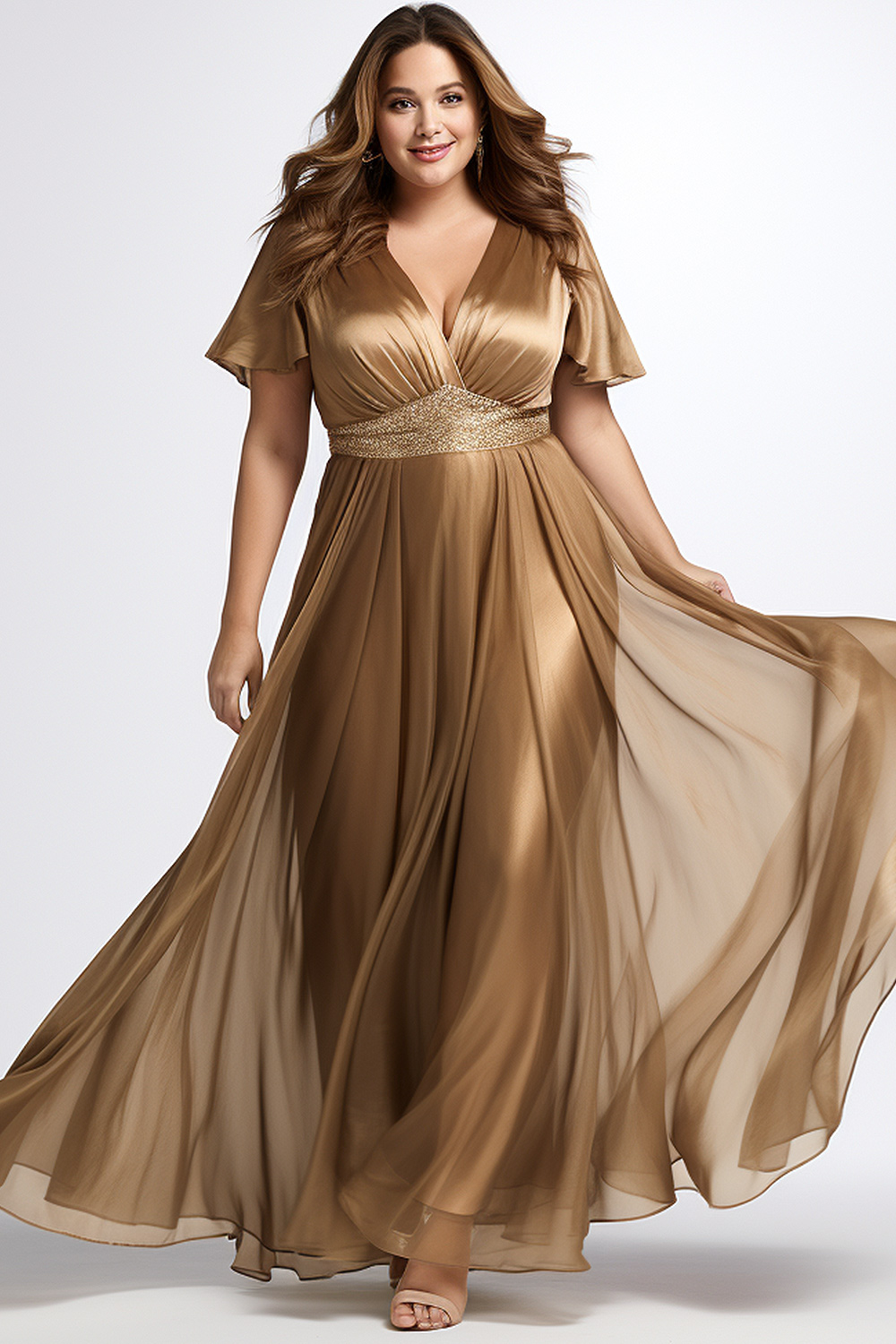 Flycurvy Plus Size Bridesmaid Gold Flutter Sleeve Empire Waist Chiffon Maxi Dress