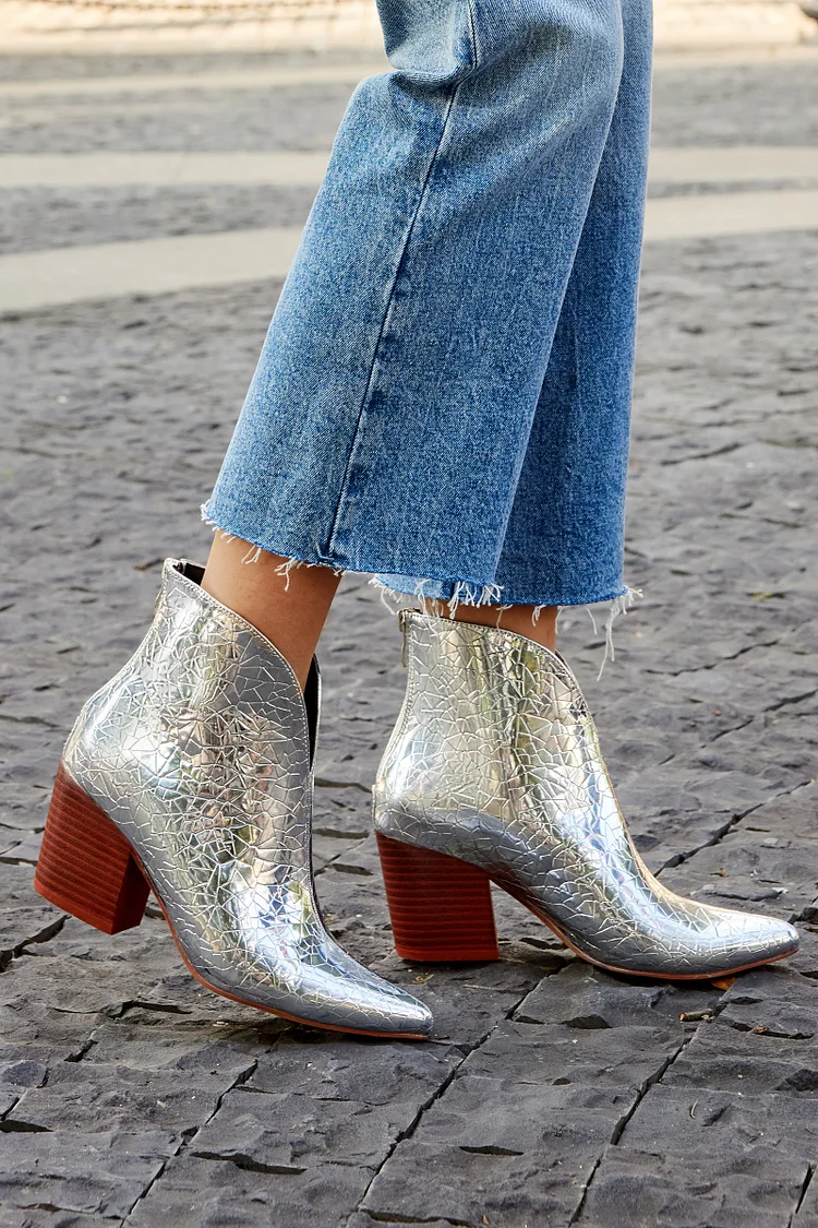 Metallic Sheen V Cut Pointed Toe Silver Chunky Heels Ankle Boots