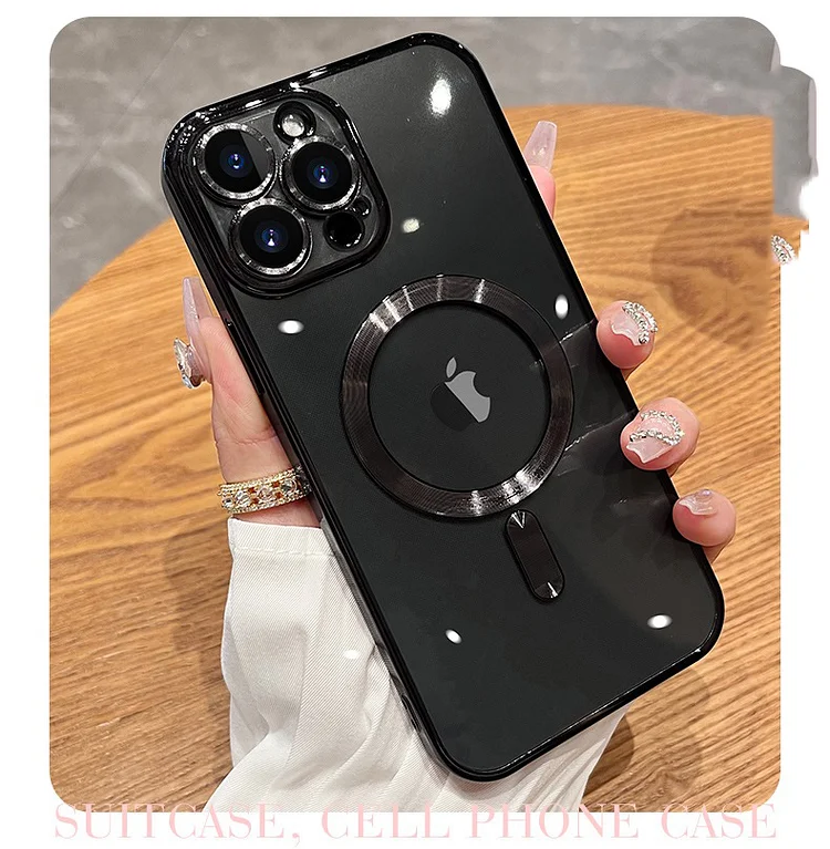  Magnetic wireless charging phone case for iPhone, stylish metal coating design, equipped with silicone camera lens protector