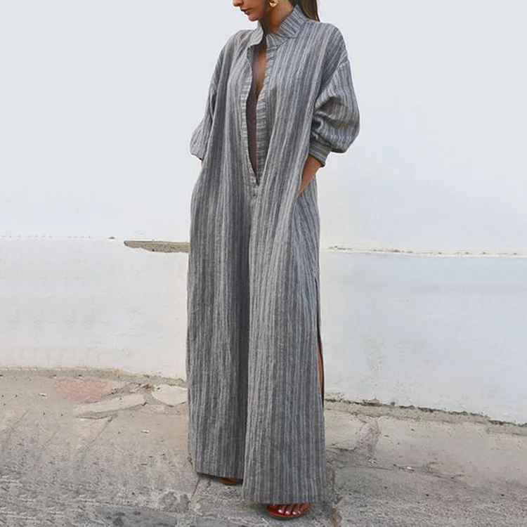 Vintage V Neck Split Stripes Linen Cotton Comfy Maxi Dress