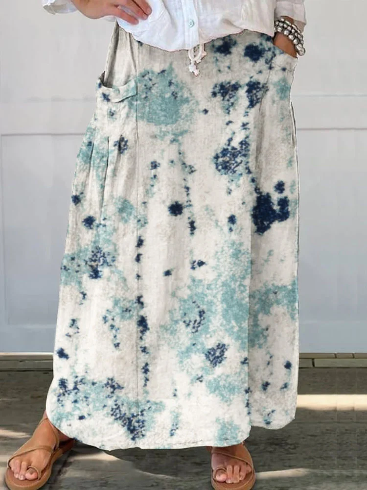 Comstylish Floral Tie-Dye Pattern Linen Pocket Half Skirt