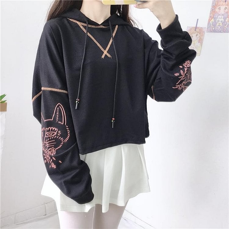 Black/White Kawaii Printing Short Hoodie Jumper S12864