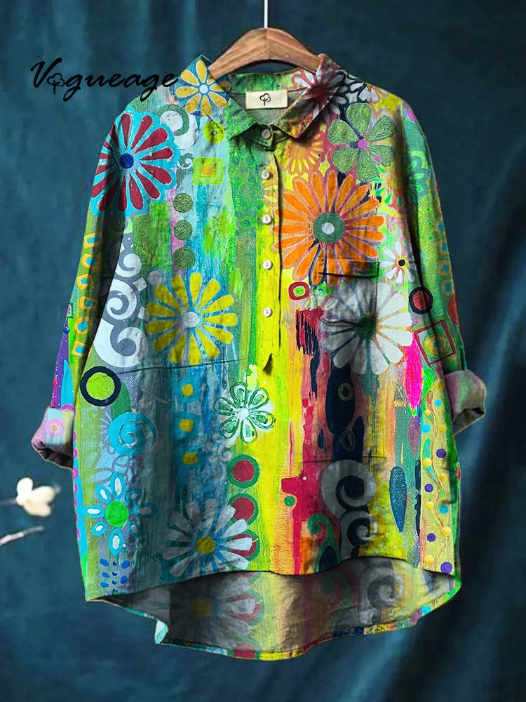 Colorful And Realistic Flowers Print Cotton And Linen Shirt
