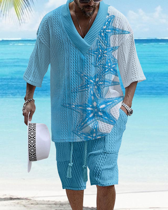 Men's V-Neck Luxury Marine Print Textured Resort Shorts Set 007