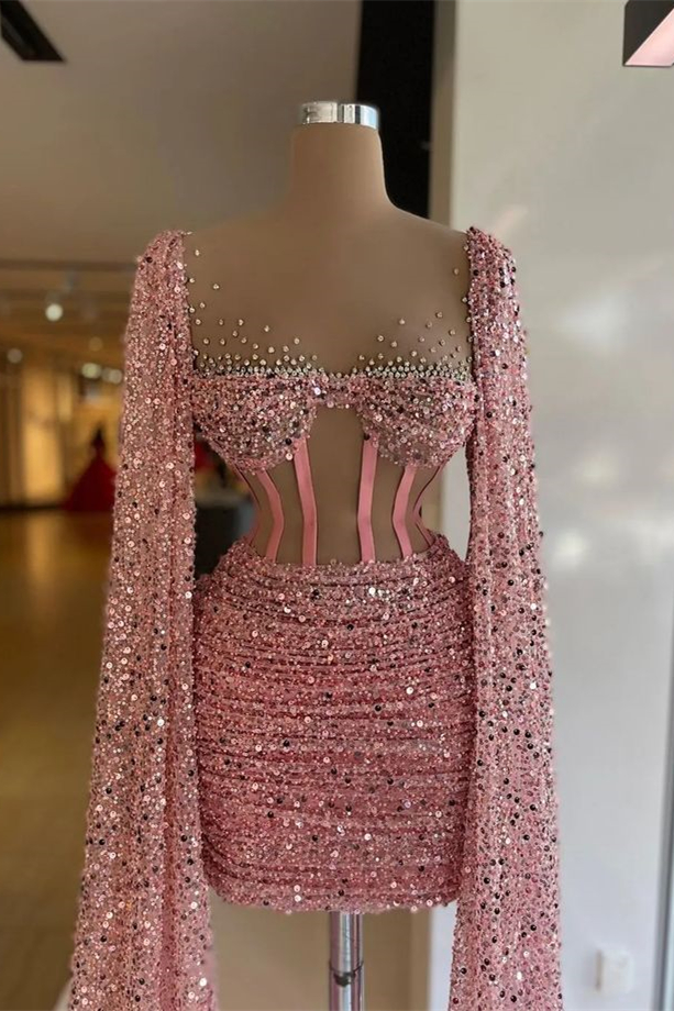 Dresseswow Pink Long Sleeves Short Prom Gown With Sequins Beads V-Neck