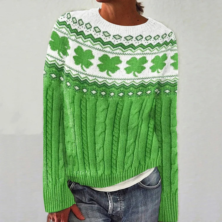 Women'S Four-Leaf Clover Jacquard Thick Stitch Pattern Aran Sweater