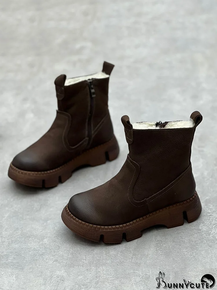 Women Winter Solid Leather Fleece-lined Ankle Boots