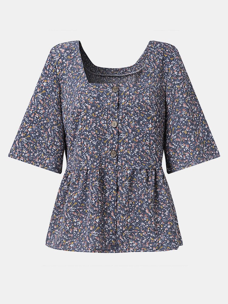 Floral Print Square Collar Half Sleeves Button Casual Blouse P1803355
