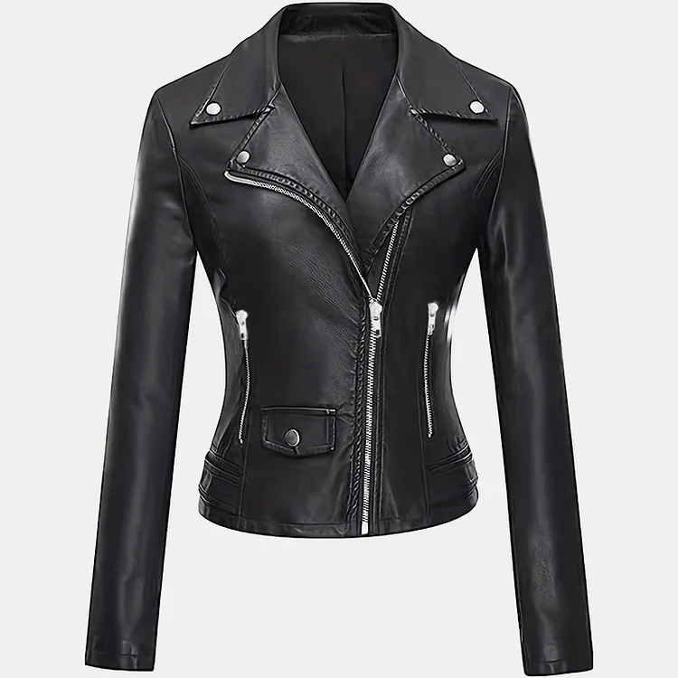 Women's Fashionable PU Leather Slim Fit Zipper Jackets