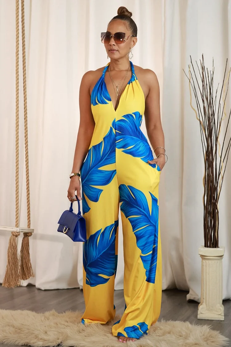Tropical Print Halter Backless Wide Leg Vacation Jumpsuit-Yellow