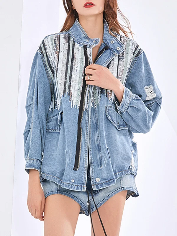 Women Casual Stand Collar Stitching Loose Jacket