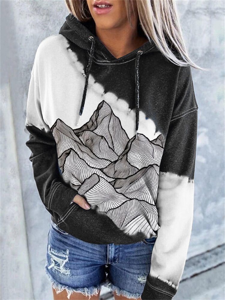Vefave Mountains Lanscape Line Art Tie Dye Hoodie
