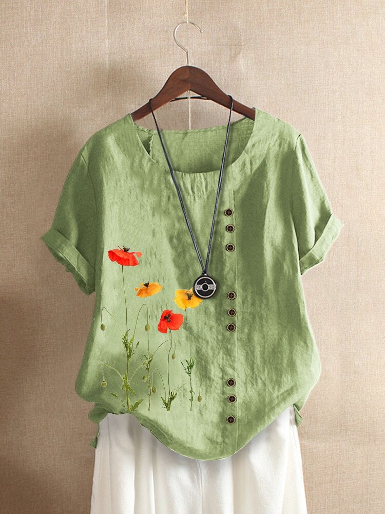 Flower Print O neck Short Sleeve Button T Shirt For Women P1834223