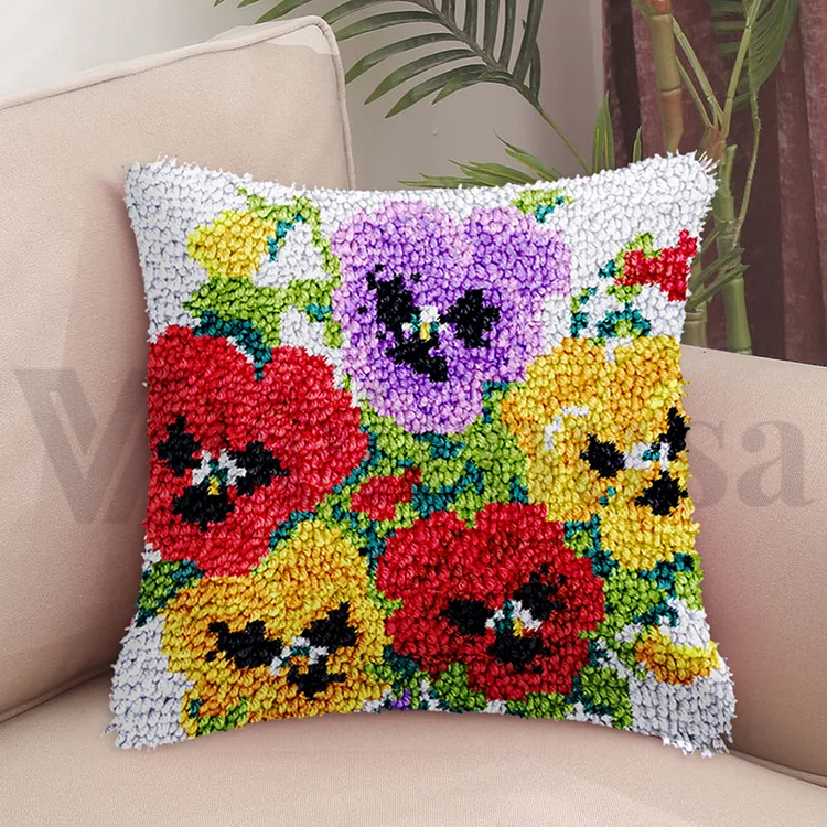 Blooming Pansies Pillowcase Latch Hook Kits for Adult, Beginner and Kid veirousa