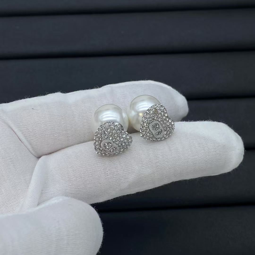 Dior Heart and Pearl Stud Earrings