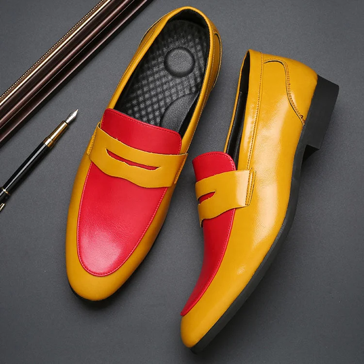 PU Leather Colorblock Pointy Toe Slip-On Flat Casual Loafers Shoes