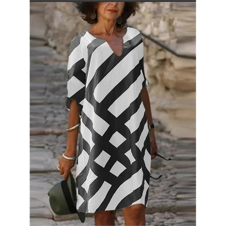 V-neck Striped Floral Print Mid-Length Sleeves A- line Slub Linen Dress VangoghDress