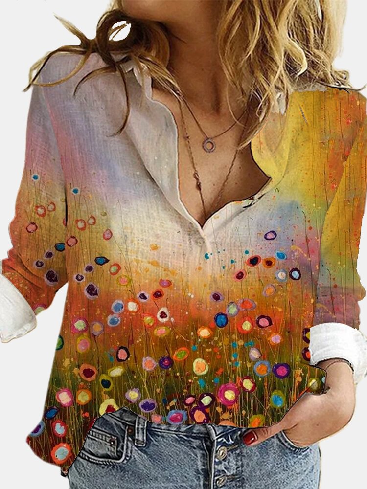 Landscape Printed Long Sleeve Turn down Collar Blouse For Women P1752304