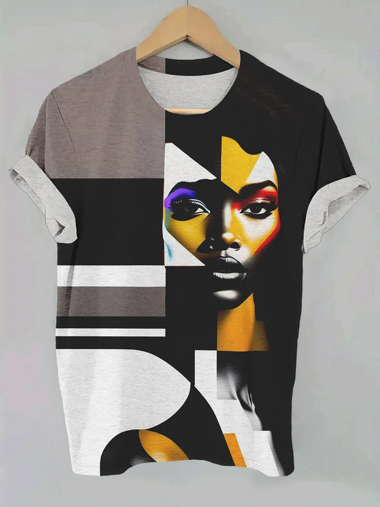 Women's Geometric Art Black Female Print Casual T-Shirt