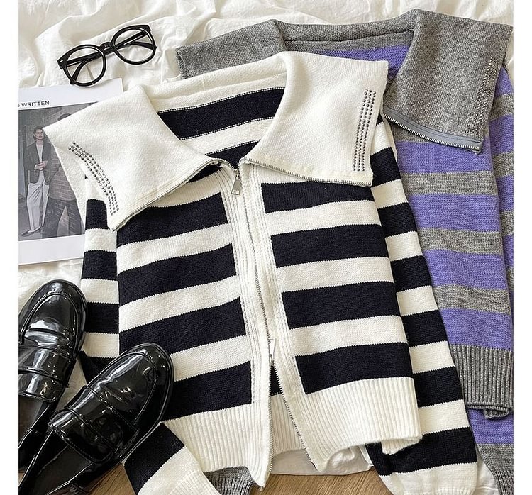 Long-Sleeve Striped Sailor Collar Zip Knit Cardigan ZL23