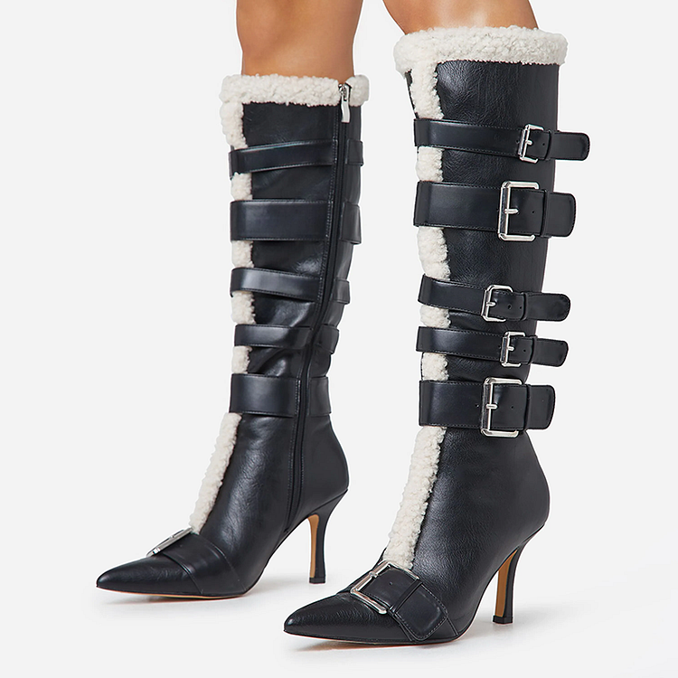Black Stiletto Zipper Up Heels Pointed Toe Lambswool Knee Boots |FSJ Shoes