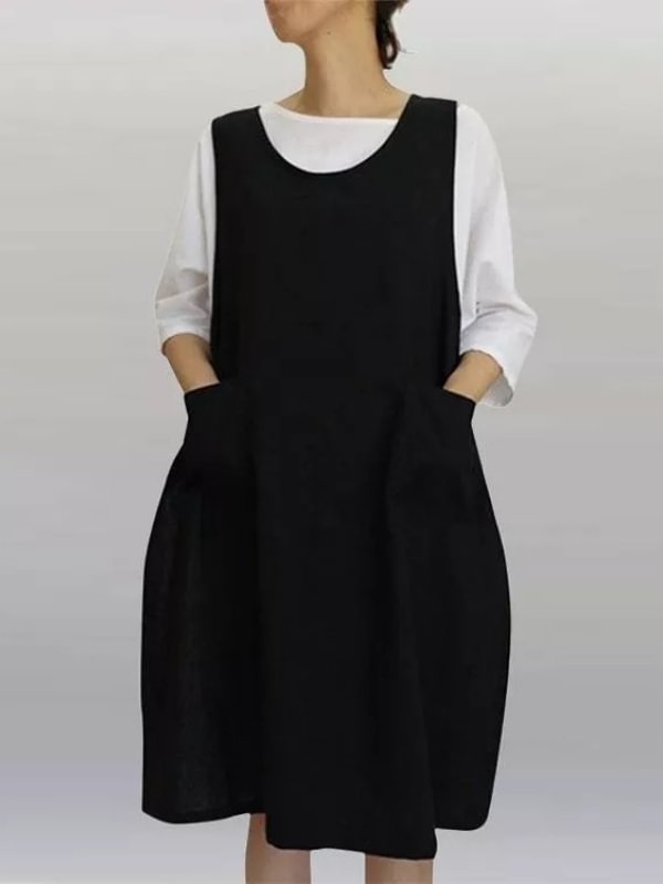 Vintage Apron Overall Pinafore Midi Dress With Pockets