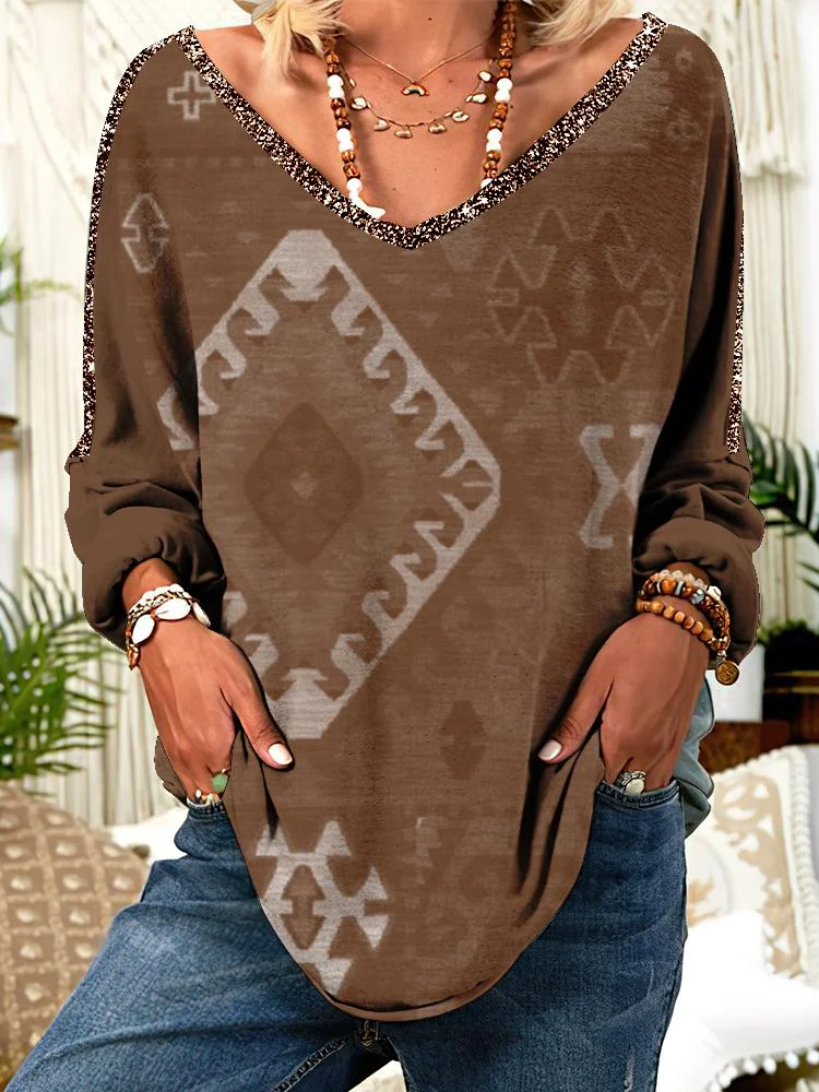 Western Geometric Print Long Sleeve Sweatshirt