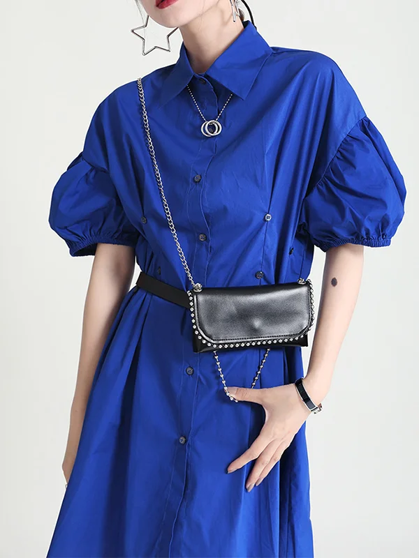 Solid Color Slim Buttoned Short Sleeve Puff Sleeve Dress