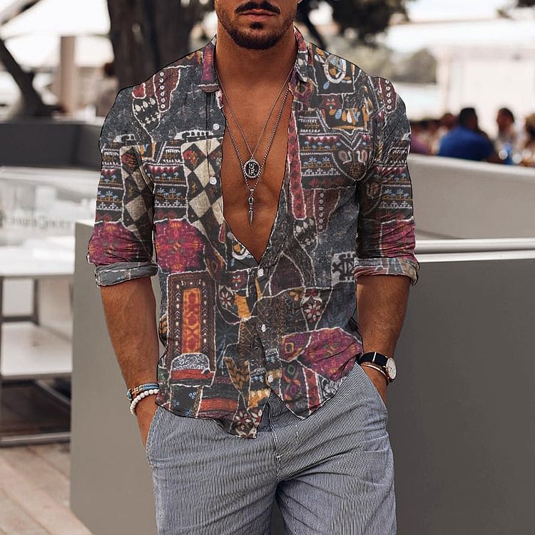 Men's Holiday Ethnic Style Stitching Printed Shirt