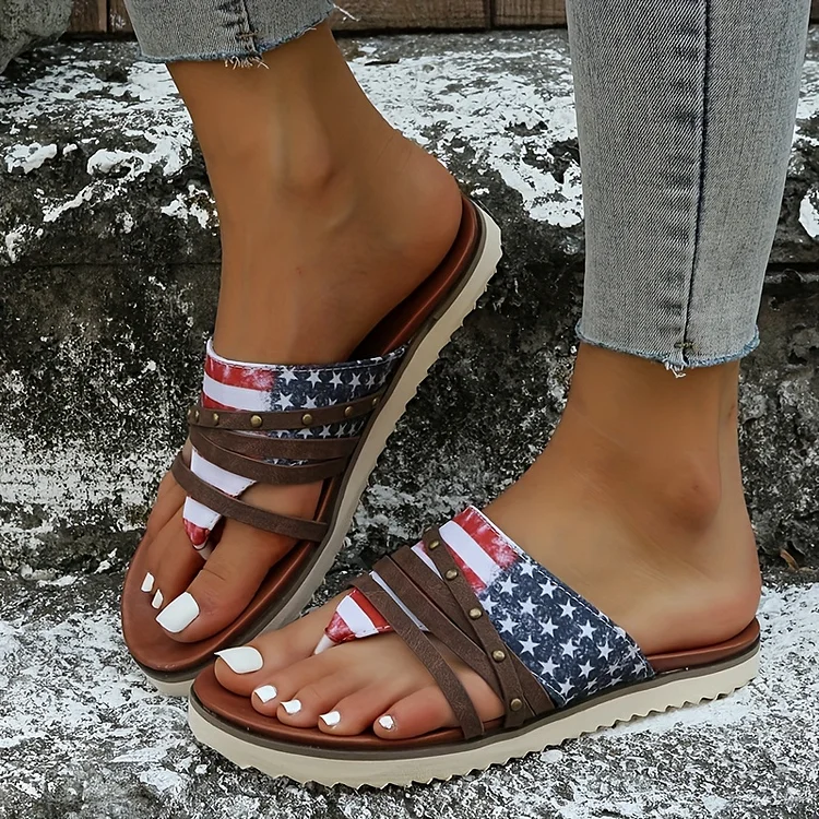 Women's Flag Pattern Flip Flops, Fashionable Open Toe Non Slip Flat Slides, Casual Slide Sandals For Independence Day