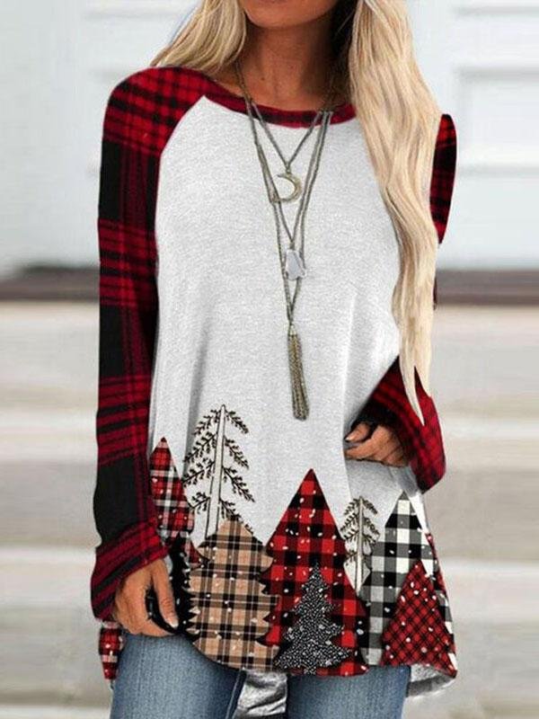 Christmas Plaid Trees Printed Raglan Sleeves T-shirt socialshop