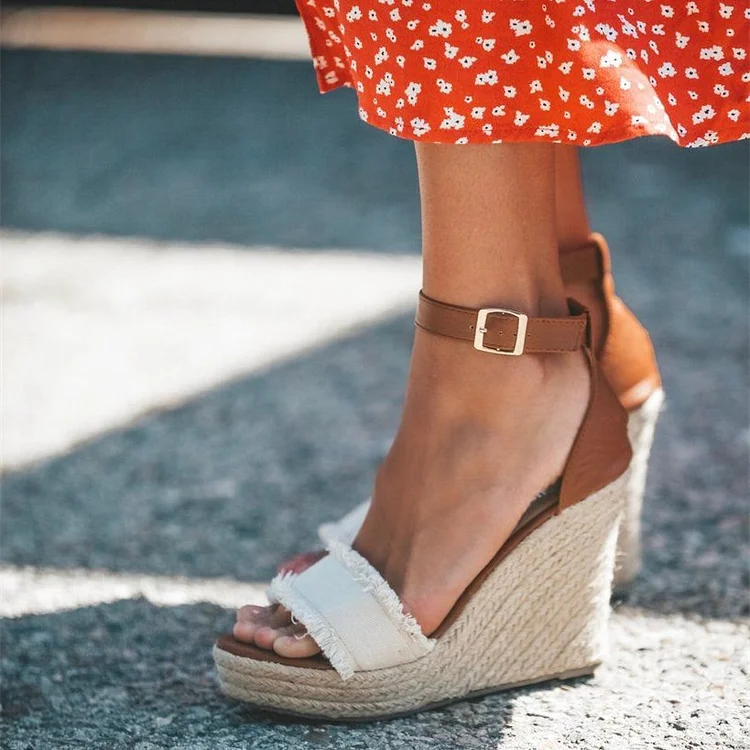White and Brown Ankle Strap Platform Wedge Espadrille Sandals |FSJ Shoes
