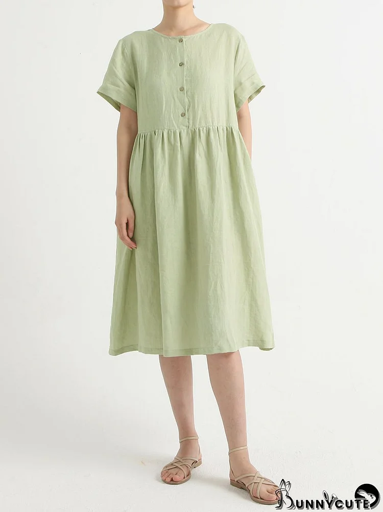 Plus Size Casual Linen Pleated Short Sleeve Loose Dress