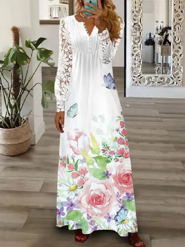Lace Hollow Cotton Blend Solid Color Casual Dress