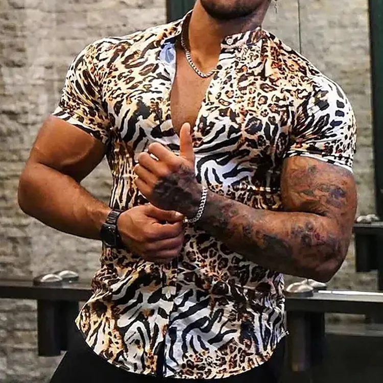 Men's Leopard Pattern Crew Neck Short Sleeve Shirts