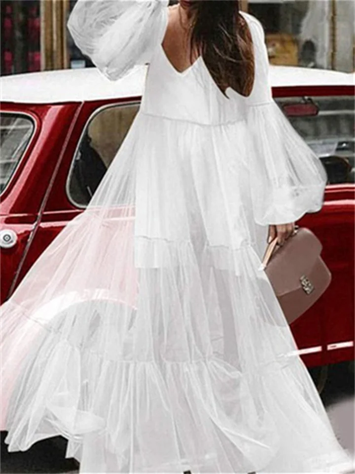 Summer New Women's V-neck High Waist Fashion Bubble Sleeve Mesh See-through Dress Elegant Wind Swing Type Long Dress