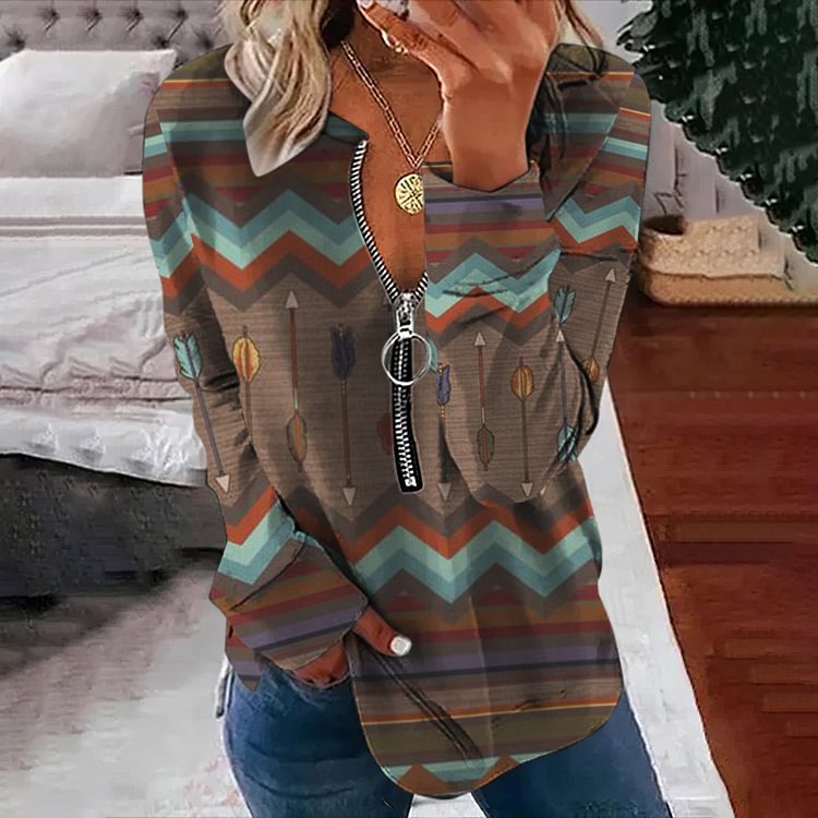 VChics Vintage Geometry Tribal Printed Zipper Long Sleeve Sweatshirt