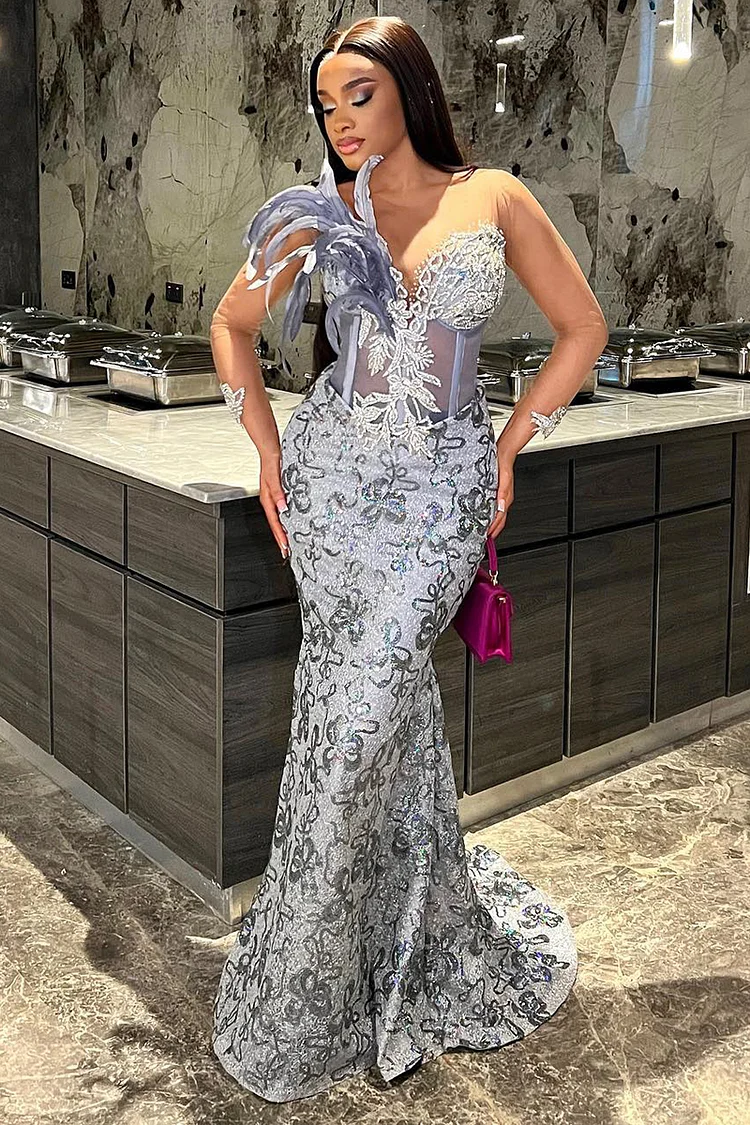 Long Sleeve See Through Patchwork Floral Jacquard Feather Formal Party Mermaid Maxi Dresses-Gray