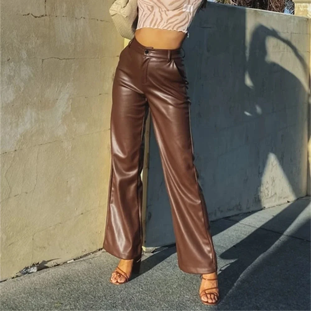 Uforever21 Cargo Pants Pure Color Leather Pants Fashion New Casual High Elastic Pu Leather Pants Straight Leggings Elegant Women Pants Female Clothing